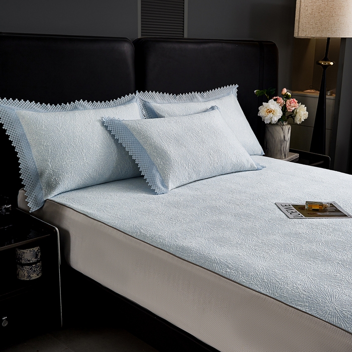 91家纺网 家纺一手货源 找家纺 玖玖爱家纺 2026新款韩国量子冷感软凉席床笠款 小雪花天空蓝