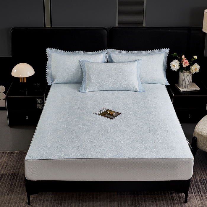 91家纺网 家纺一手货源 找家纺 玖玖爱家纺 2026新款韩国量子冷感软凉席床笠款 小雪花天空蓝