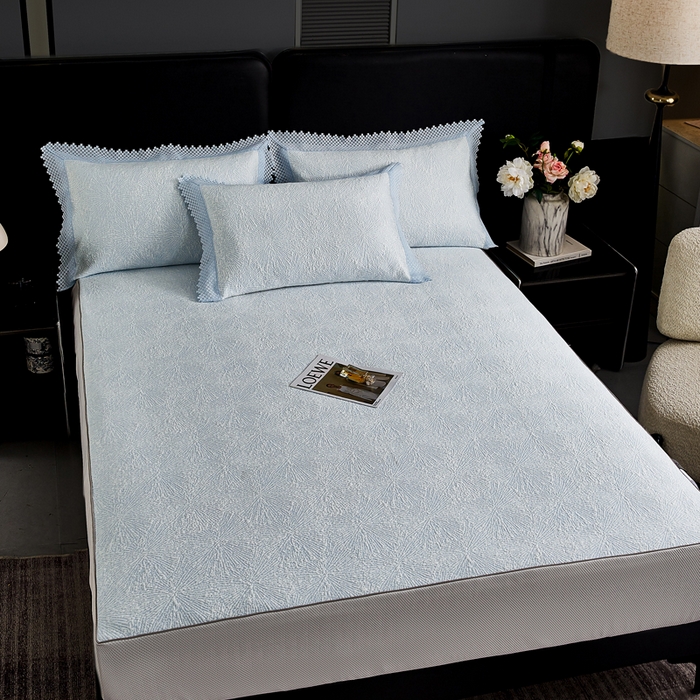 91家纺网 家纺一手货源 找家纺 玖玖爱家纺 2026新款韩国量子冷感软凉席床笠款 小雪花天空蓝