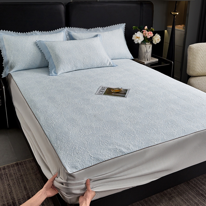 91家纺网 家纺一手货源 找家纺 玖玖爱家纺 2026新款韩国量子冷感软凉席床笠款 小雪花天空蓝