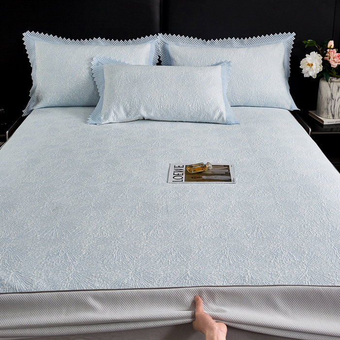 91家纺网 家纺一手货源 找家纺 玖玖爱家纺 2026新款韩国量子冷感软凉席床笠款 小雪花天空蓝