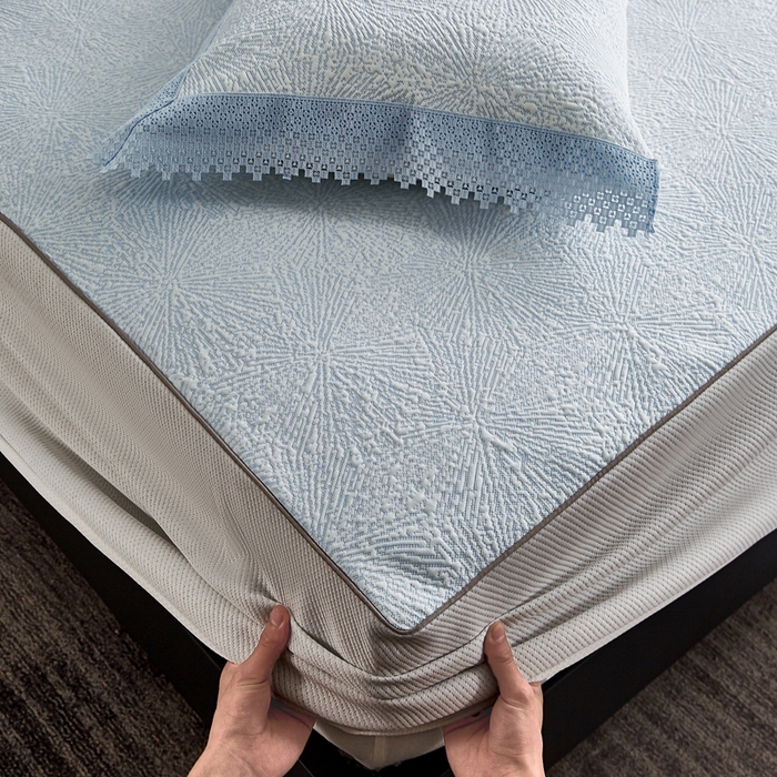 91家纺网 家纺一手货源 找家纺 玖玖爱家纺 2026新款韩国量子冷感软凉席床笠款 小雪花天空蓝