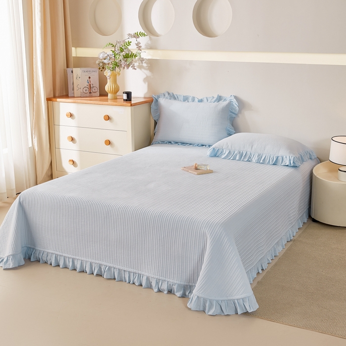 玖玖爱家纺 2026新款高端A类夹棉水洗母婴级莱赛尔天丝床盖裙边凉席三件套 晴空蓝