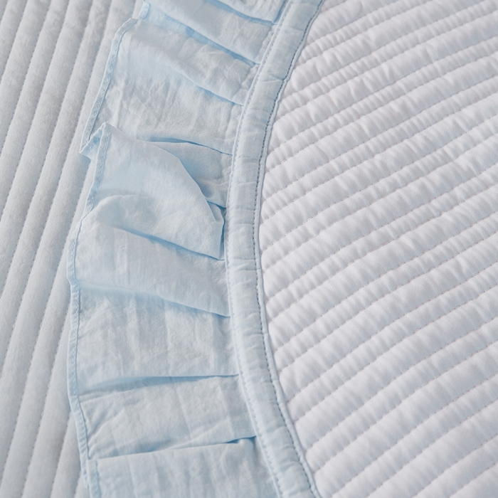 91家纺网 家纺一手货源 找家纺 玖玖爱家纺 2026新款高端A类夹棉水洗母婴级莱赛尔天丝床盖裙边凉席三件套 晴空蓝