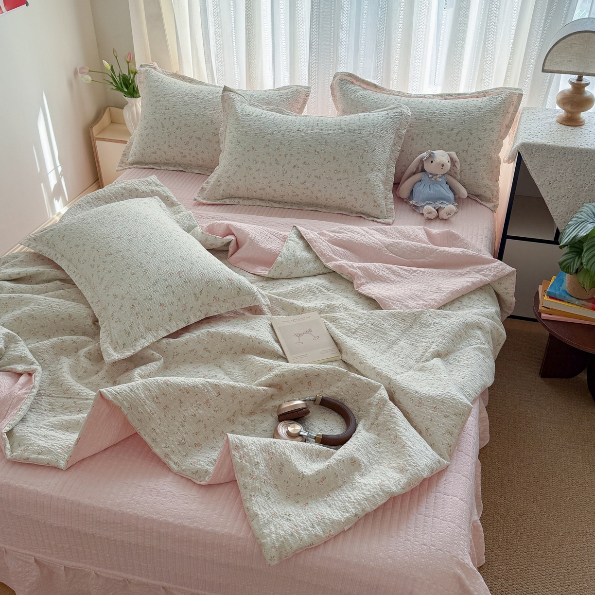 91家纺网 家纺一手货源 找家纺 禾沐 2026新款云感泡芙棉泡芙纱床盖夏被四件套 秀妍
