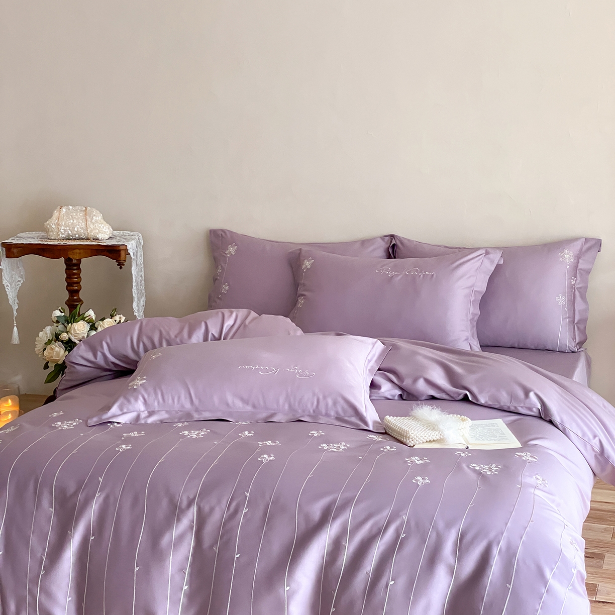 91家纺网 家纺一手货源 找家纺 曼布缇 2026新款春夏款新品长绒棉刺绣四件套 -花涧 花涧-紫色（会员－20，券后338起）