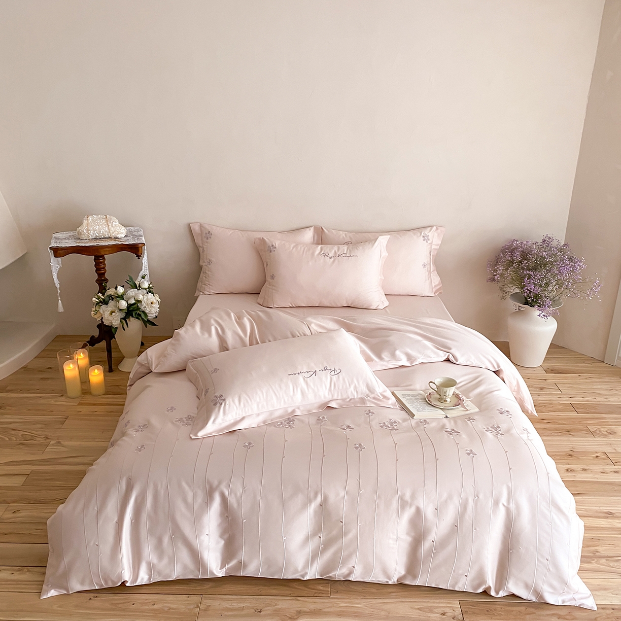 91家纺网 家纺一手货源 找家纺 曼布缇 2026新款春夏款新品长绒棉刺绣四件套 -花涧 花涧-浅粉（会员－20，券后338起）