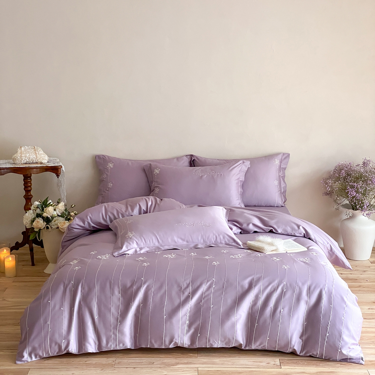 曼布缇 2026新款春夏款新品长绒棉刺绣四件套 -花涧 花涧-紫色（会员－20，券后338起）