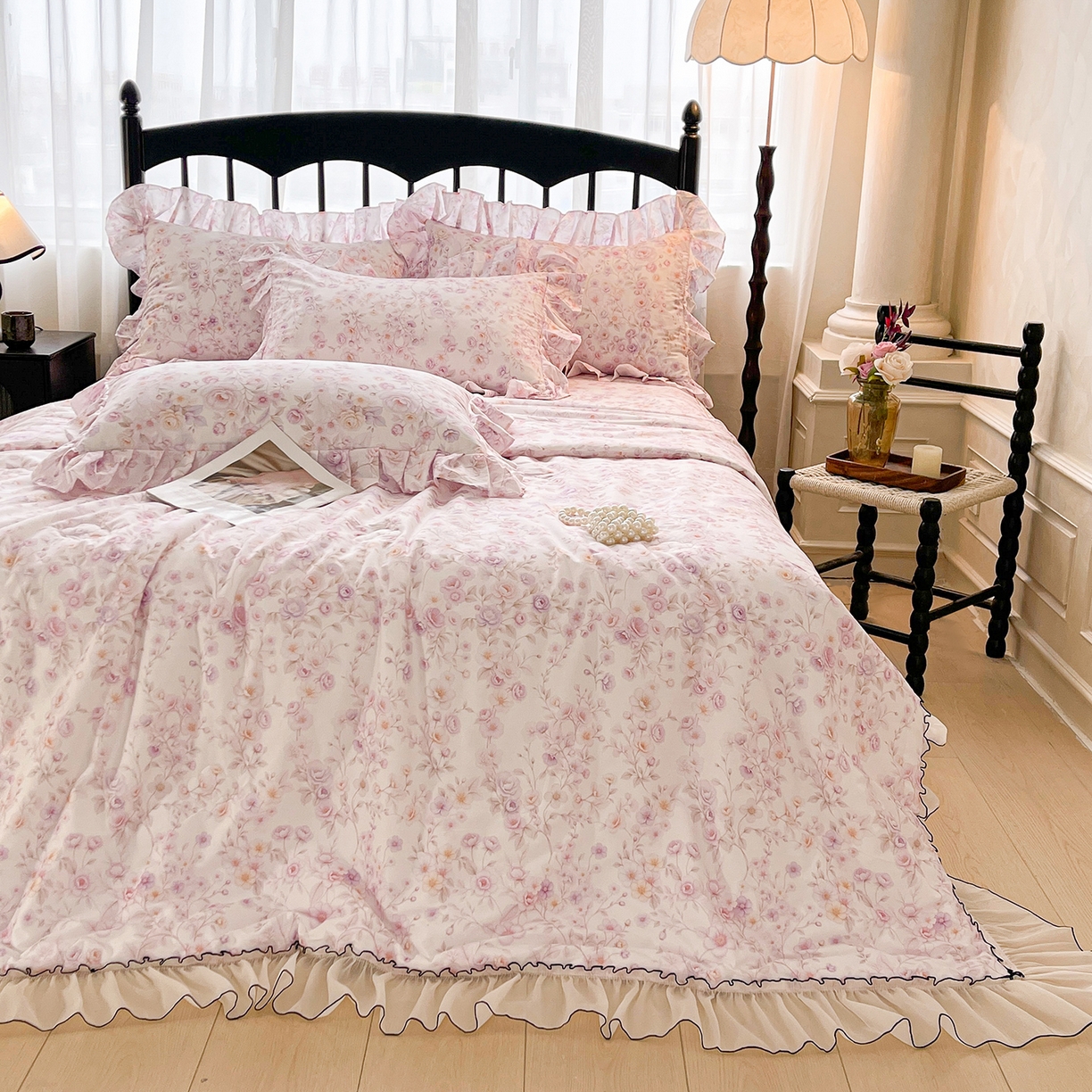 91家纺网 家纺一手货源 找家纺 宜凡家纺 2026新款全棉数码印花夏被床裙四件套②号系列 恬静