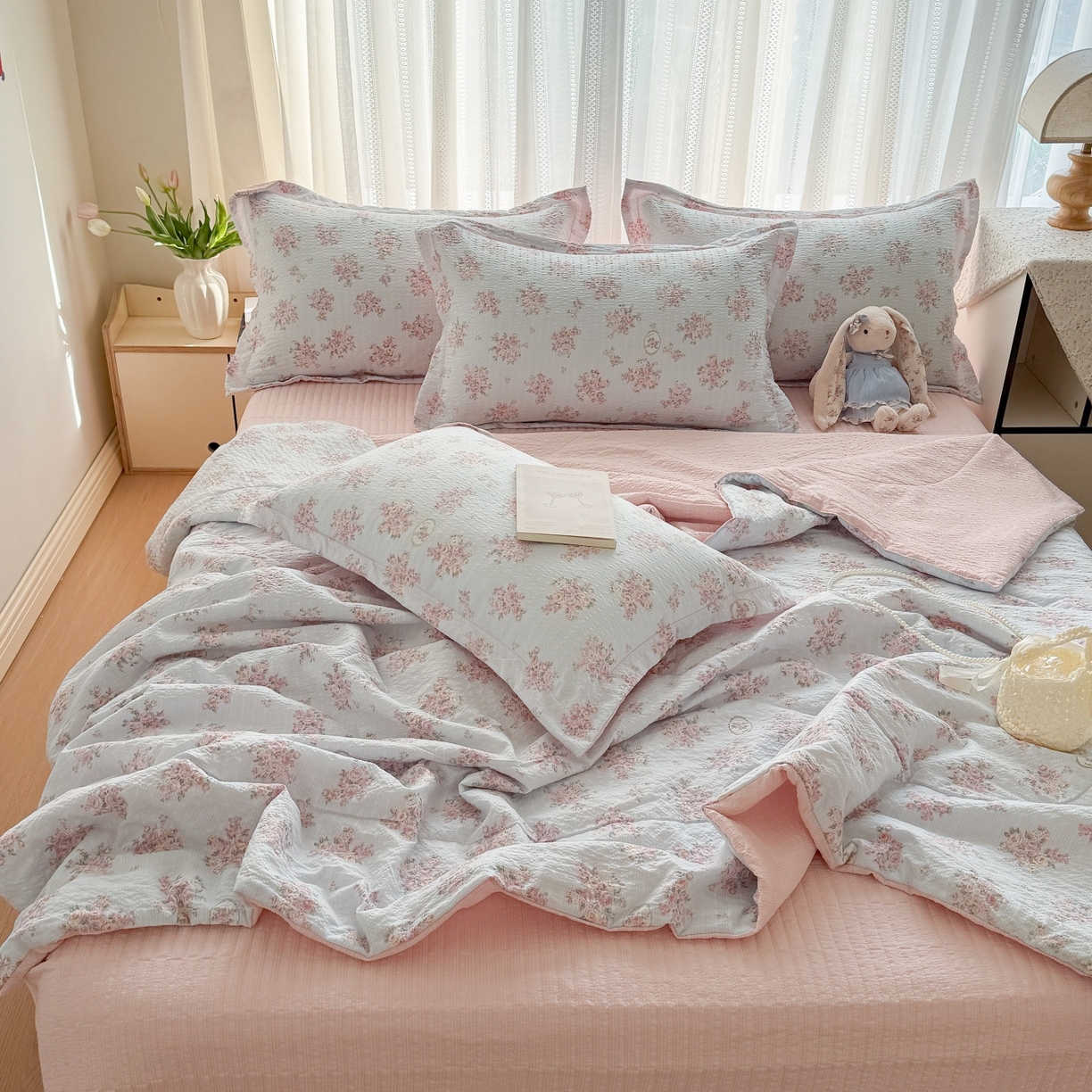 91家纺网 家纺一手货源 找家纺 禾沐 2026新款云感泡芙棉泡芙纱床盖夏被四件套 仲夏