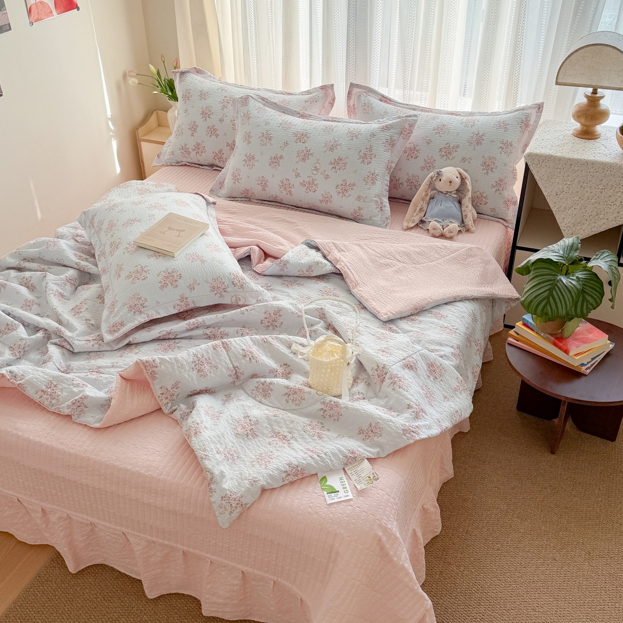 91家纺网 家纺一手货源 找家纺 禾沐 2026新款云感泡芙棉泡芙纱床盖夏被四件套 仲夏
