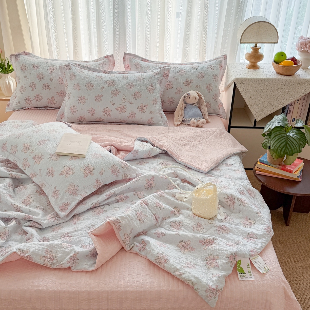 91家纺网 家纺一手货源 找家纺 禾沐 2026新款云感泡芙棉泡芙纱床盖夏被四件套 仲夏