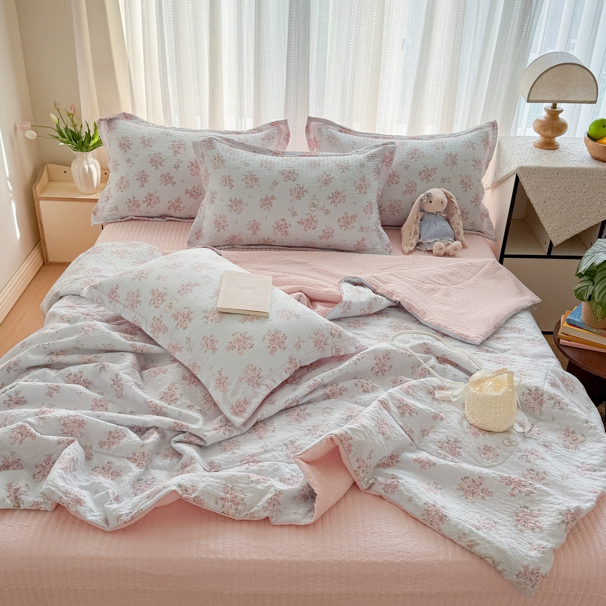 91家纺网 家纺一手货源 找家纺 禾沐 2026新款云感泡芙棉泡芙纱床盖夏被四件套 仲夏