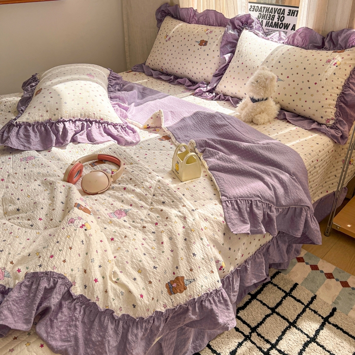 91家纺网 家纺一手货源 找家纺 梵希雅 2026新款床盖款花边夏被四件套 波比熊