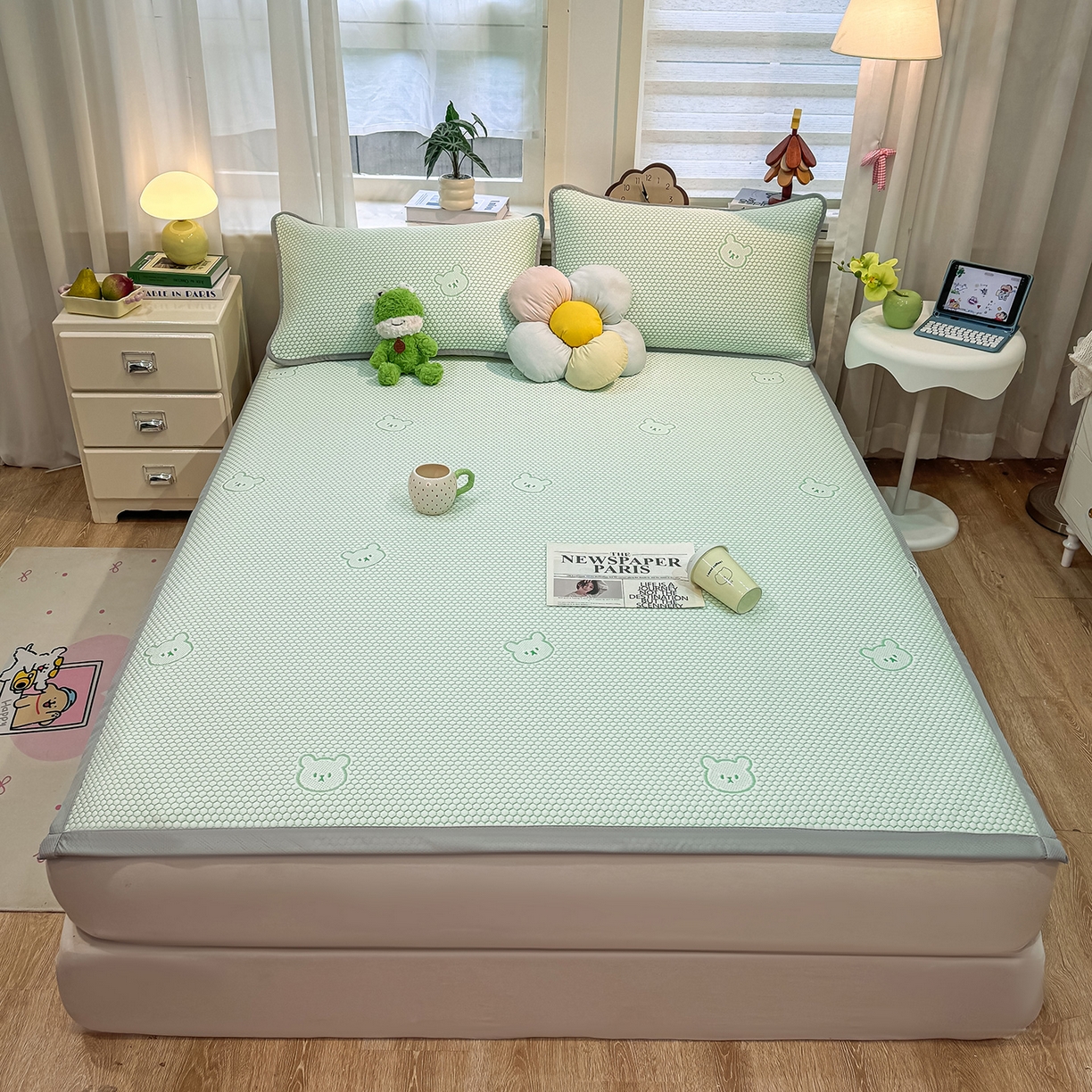 91家纺网 家纺一手货源 找家纺 眠势力 2026新款冰豆豆凉席三件套夏季冷感可机洗冰丝席软席子条席款 冰皮熊-绿