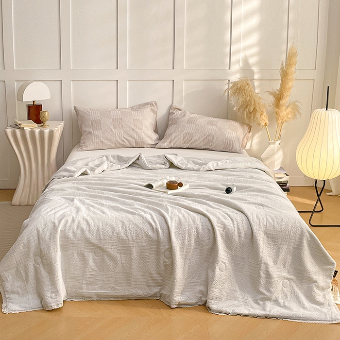 91家纺网 家纺一手货源 找家纺 VIP被业 2026新款A类全棉蚕蛹提花双层纱夏被直播款小红书空调被 慕斯灰