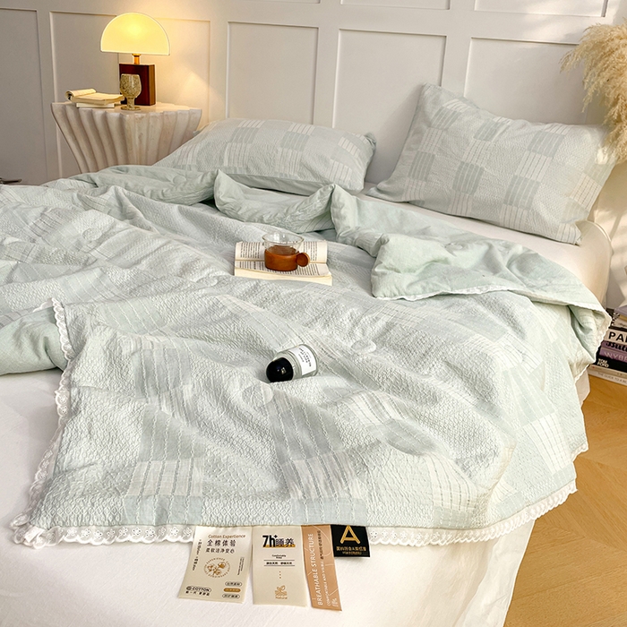 91家纺网 家纺一手货源 找家纺 VIP被业 2026新款A类全棉蚕蛹提花双层纱夏被直播款小红书空调被 天真蓝