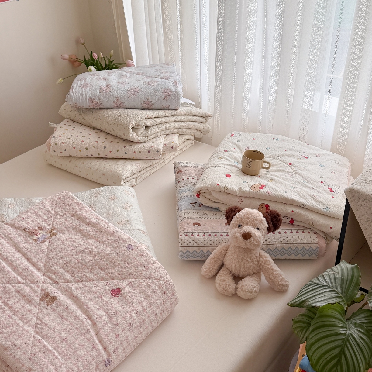 91家纺网 家纺一手货源 找家纺 禾沐 2026新款云感泡芙棉泡芙纱床盖夏被四件套 组合