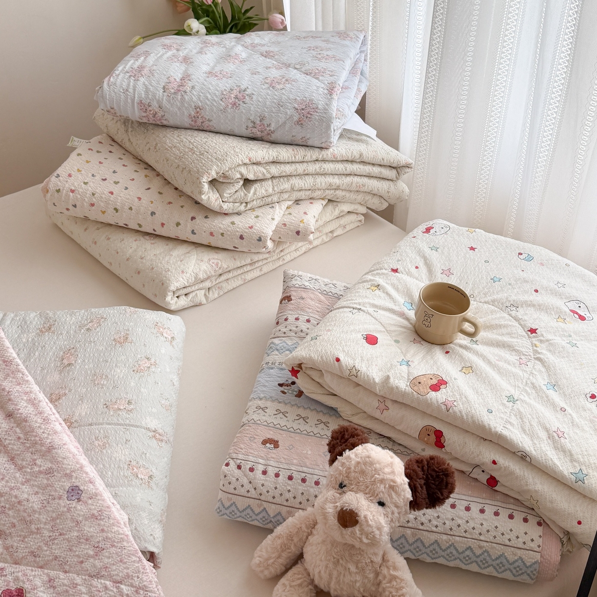 91家纺网 家纺一手货源 找家纺 禾沐 2026新款云感泡芙棉泡芙纱床盖夏被四件套 组合