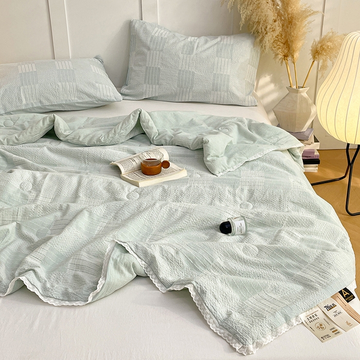 91家纺网 家纺一手货源 找家纺 VIP被业 2026新款A类全棉蚕蛹提花双层纱夏被直播款小红书空调被 天真蓝