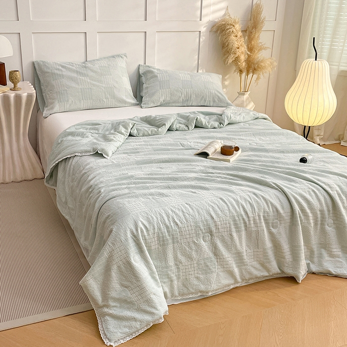 91家纺网 家纺一手货源 找家纺 VIP被业 2026新款A类全棉蚕蛹提花双层纱夏被直播款小红书空调被 天真蓝