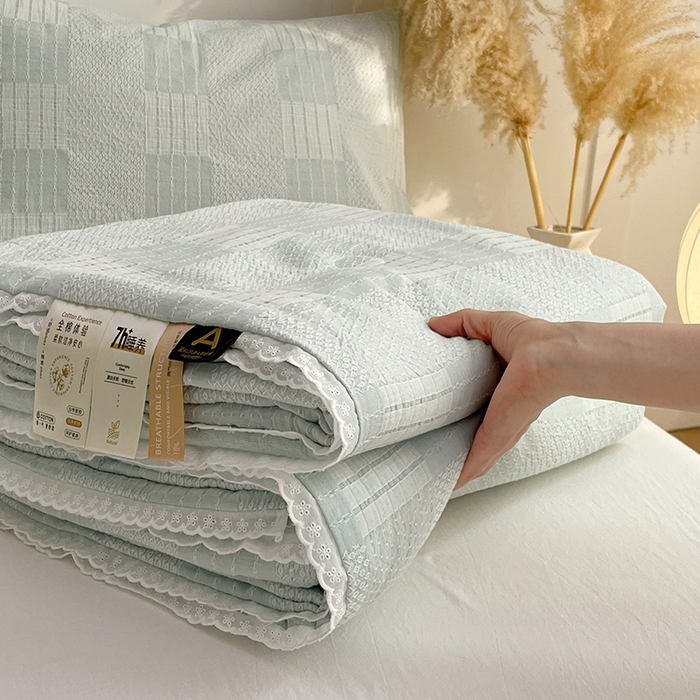 91家纺网 家纺一手货源 找家纺 VIP被业 2026新款A类全棉蚕蛹提花双层纱夏被直播款小红书空调被 天真蓝