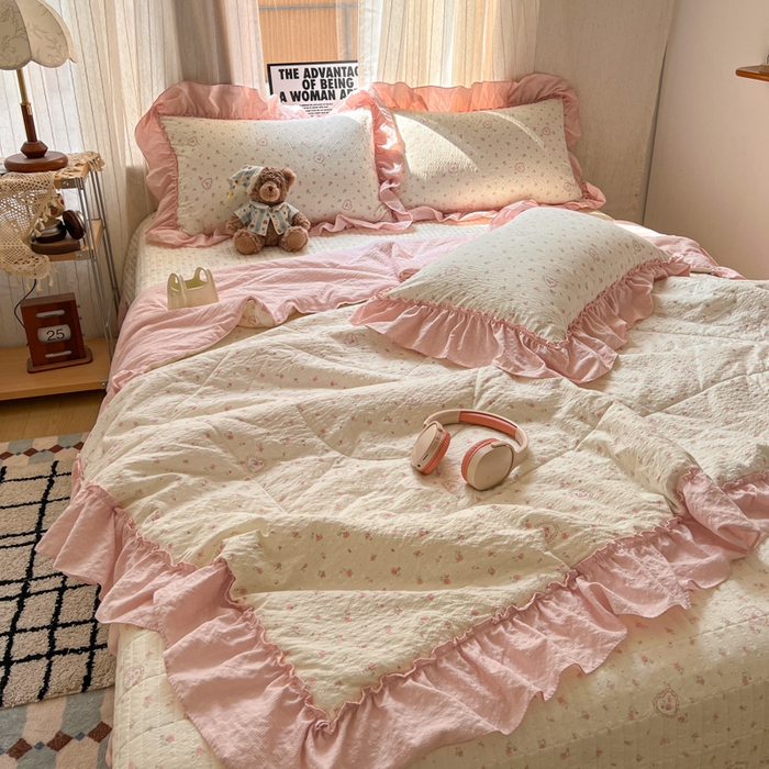 梵希雅 2026新款床盖款花边夏被四件套 春日甜桃心粉