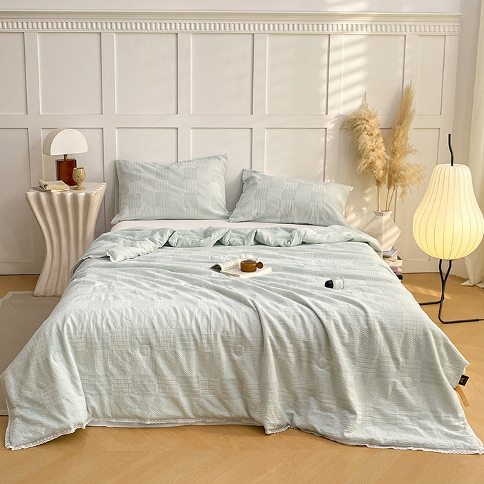 91家纺网 家纺一手货源 找家纺 VIP被业 2026新款A类全棉蚕蛹提花双层纱夏被直播款小红书空调被 天真蓝