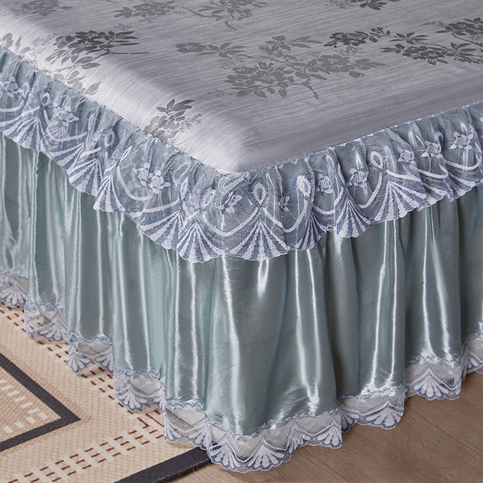 91家纺网 家纺一手货源 找家纺 妖妖家纺 2026新款双层蕾丝床裙夏凉冰丝席 烟雨灰