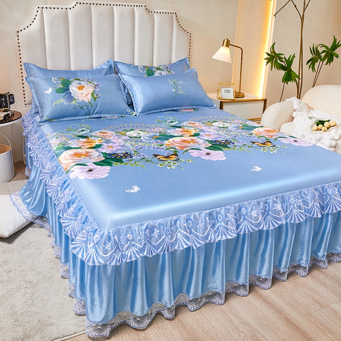 91家纺网 家纺一手货源 找家纺 妖妖家纺 2026新款双层蕾丝床裙夏凉冰丝席 满园蓝