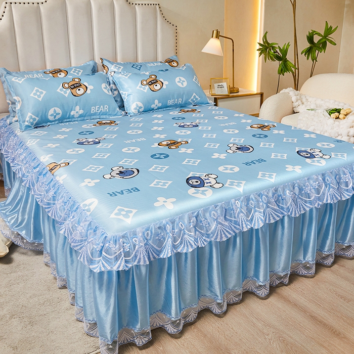 91家纺网 家纺一手货源 找家纺 妖妖家纺 2026新款双层蕾丝床裙夏凉冰丝席 软萌熊宝