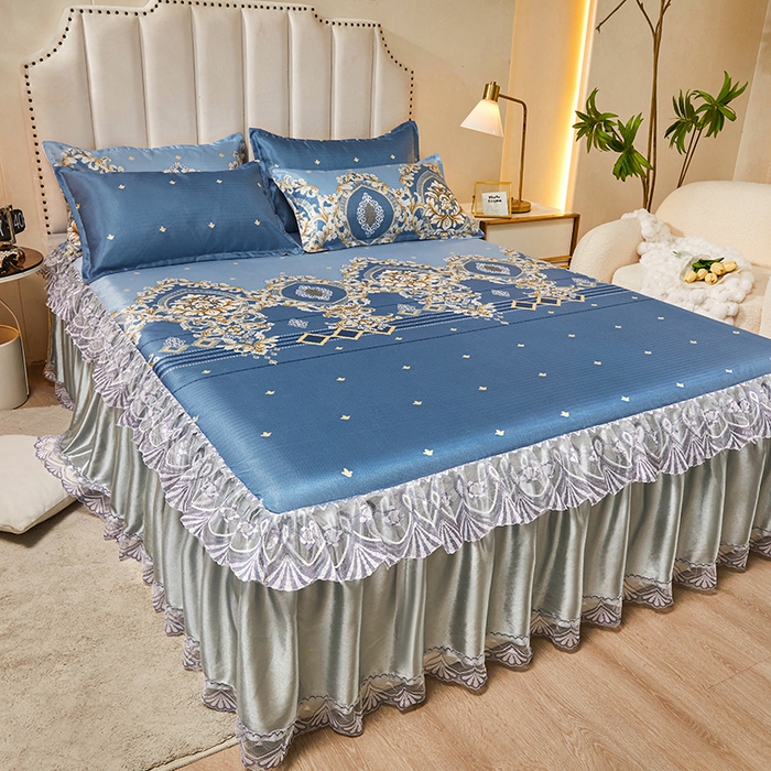 91家纺网 家纺一手货源 找家纺 妖妖家纺 2026新款双层蕾丝床裙夏凉冰丝席 欧式风情