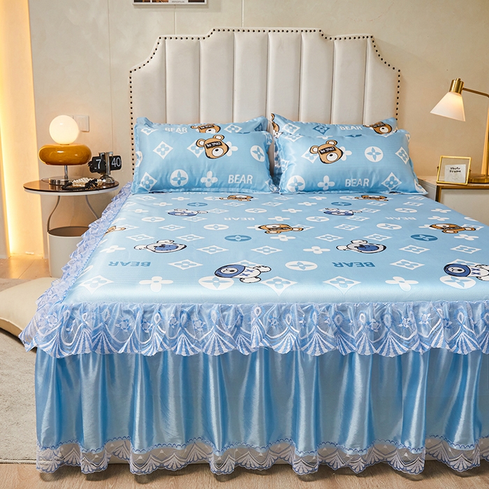 91家纺网 家纺一手货源 找家纺 妖妖家纺 2026新款双层蕾丝床裙夏凉冰丝席 软萌熊宝