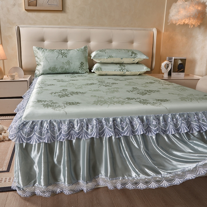 91家纺网 家纺一手货源 找家纺 妖妖家纺 2026新款双层蕾丝床裙夏凉冰丝席 烟雨绿