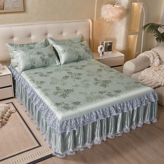 91家纺网 家纺一手货源 找家纺 妖妖家纺 2026新款双层蕾丝床裙夏凉冰丝席 烟雨绿