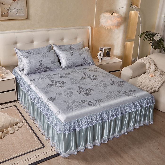 91家纺网 家纺一手货源 找家纺 妖妖家纺 2026新款双层蕾丝床裙夏凉冰丝席 烟雨灰