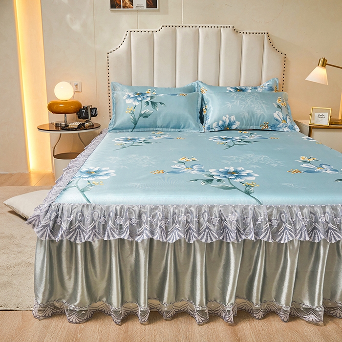 91家纺网 家纺一手货源 找家纺 妖妖家纺 2026新款双层蕾丝床裙夏凉冰丝席 锦绣风尚蓝