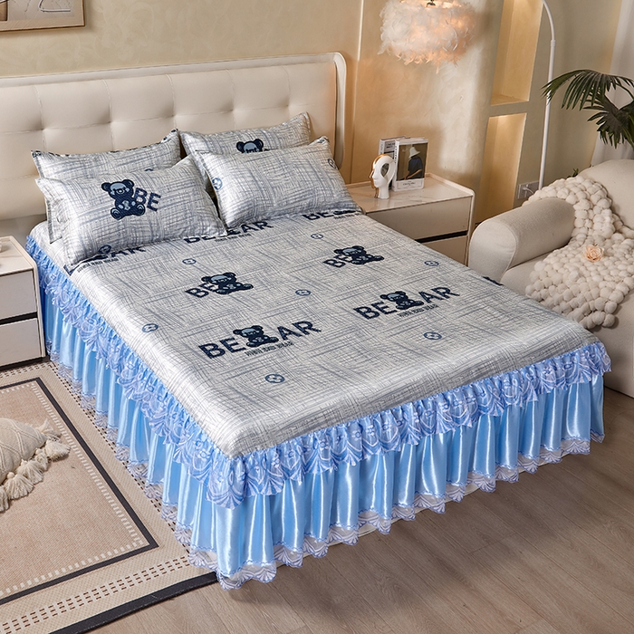 91家纺网 家纺一手货源 找家纺 妖妖家纺 2026新款双层蕾丝床裙夏凉冰丝席 暴力熊蓝