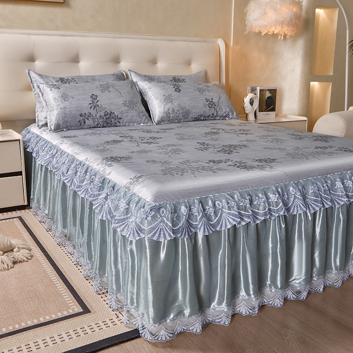 91家纺网 家纺一手货源 找家纺 妖妖家纺 2026新款双层蕾丝床裙夏凉冰丝席 烟雨灰