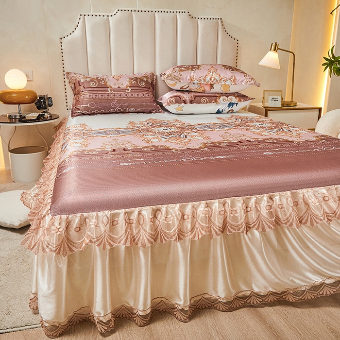 91家纺网 家纺一手货源 找家纺 妖妖家纺 2026新款双层蕾丝床裙夏凉冰丝席 欧丽雅