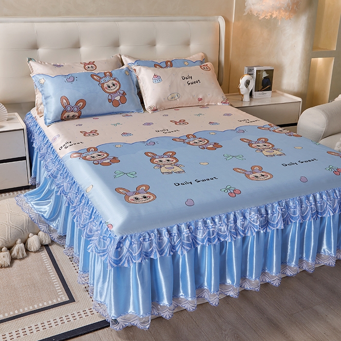 91家纺网 家纺一手货源 找家纺 妖妖家纺 2026新款双层蕾丝床裙夏凉冰丝席 拉布布蓝