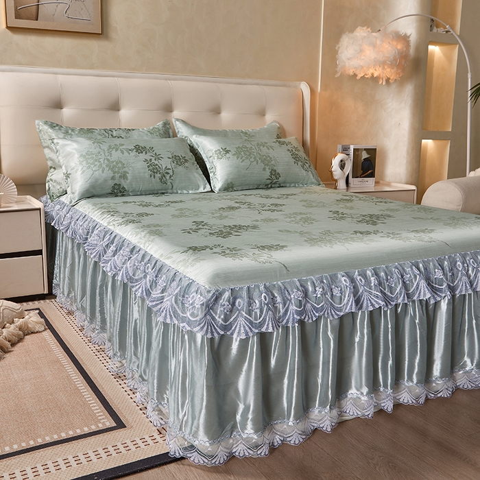 91家纺网 家纺一手货源 找家纺 妖妖家纺 2026新款双层蕾丝床裙夏凉冰丝席 烟雨绿