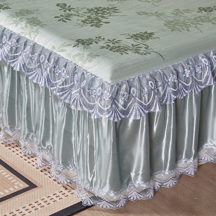 91家纺网 家纺一手货源 找家纺 妖妖家纺 2026新款双层蕾丝床裙夏凉冰丝席 烟雨绿