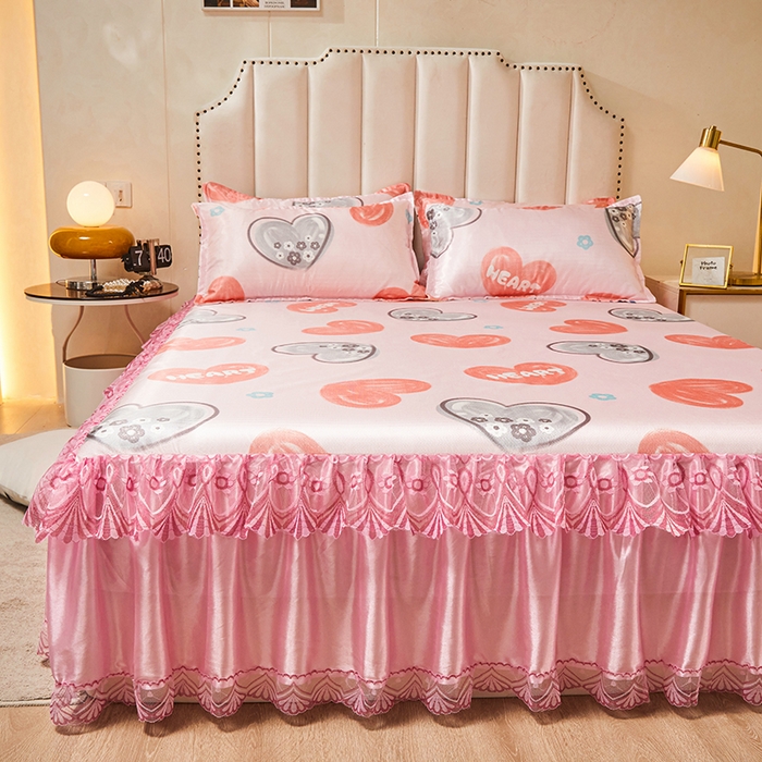 91家纺网 家纺一手货源 找家纺 妖妖家纺 2026新款双层蕾丝床裙夏凉冰丝席 心动粉