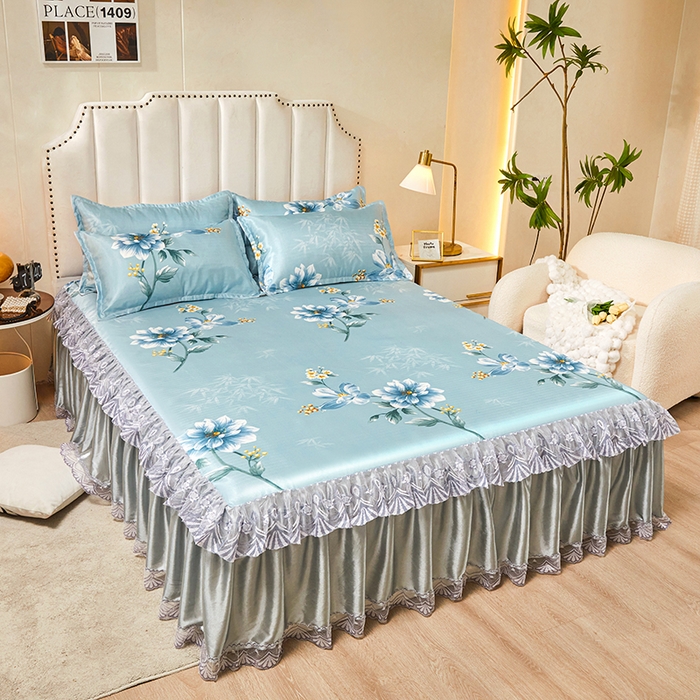 91家纺网 家纺一手货源 找家纺 妖妖家纺 2026新款双层蕾丝床裙夏凉冰丝席 锦绣风尚蓝