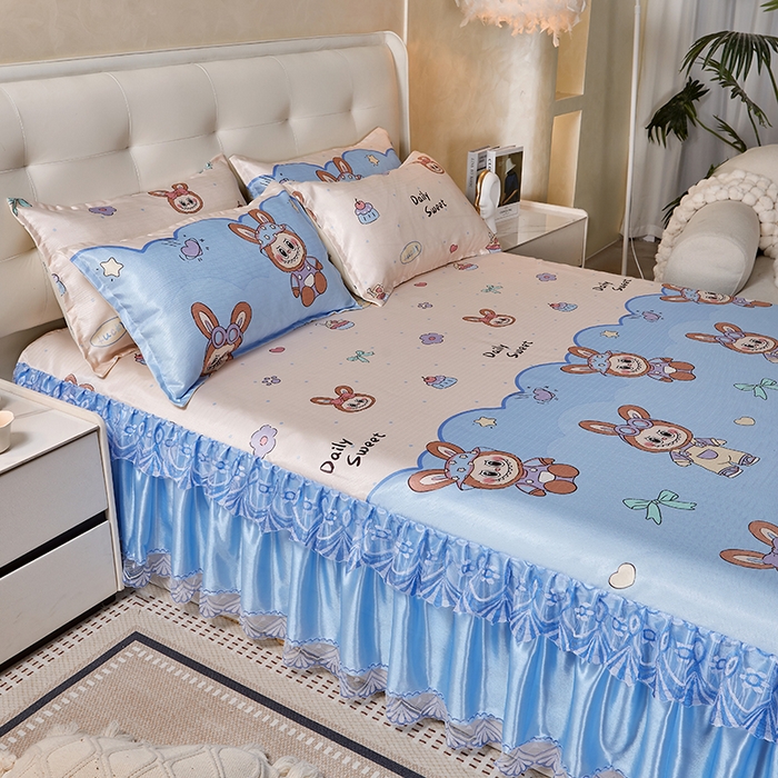 91家纺网 家纺一手货源 找家纺 妖妖家纺 2026新款双层蕾丝床裙夏凉冰丝席 拉布布蓝