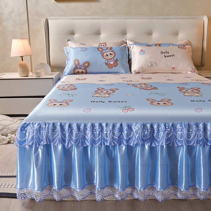 91家纺网 家纺一手货源 找家纺 妖妖家纺 2026新款双层蕾丝床裙夏凉冰丝席 拉布布蓝