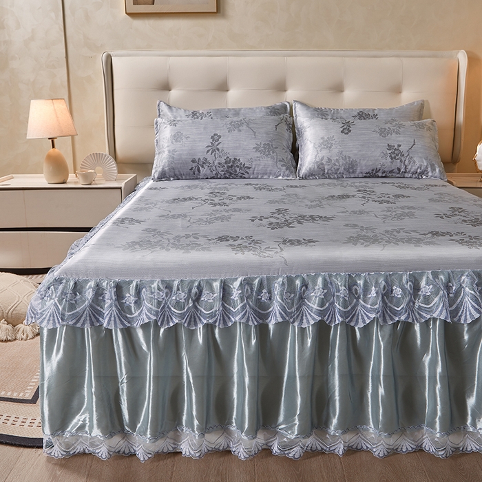 91家纺网 家纺一手货源 找家纺 妖妖家纺 2026新款双层蕾丝床裙夏凉冰丝席 烟雨灰