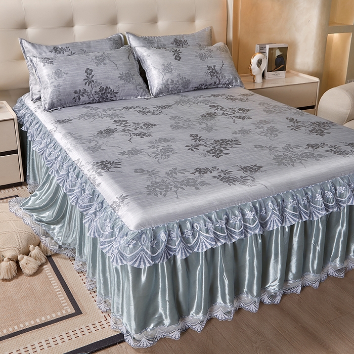 91家纺网 家纺一手货源 找家纺 妖妖家纺 2026新款双层蕾丝床裙夏凉冰丝席 烟雨灰