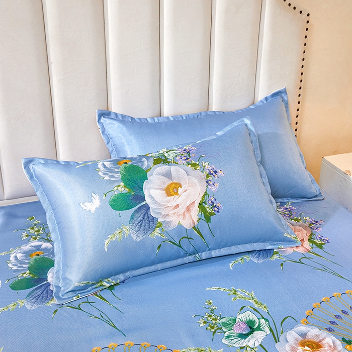 91家纺网 家纺一手货源 找家纺 妖妖家纺 2026新款双层蕾丝床裙夏凉冰丝席 满园蓝